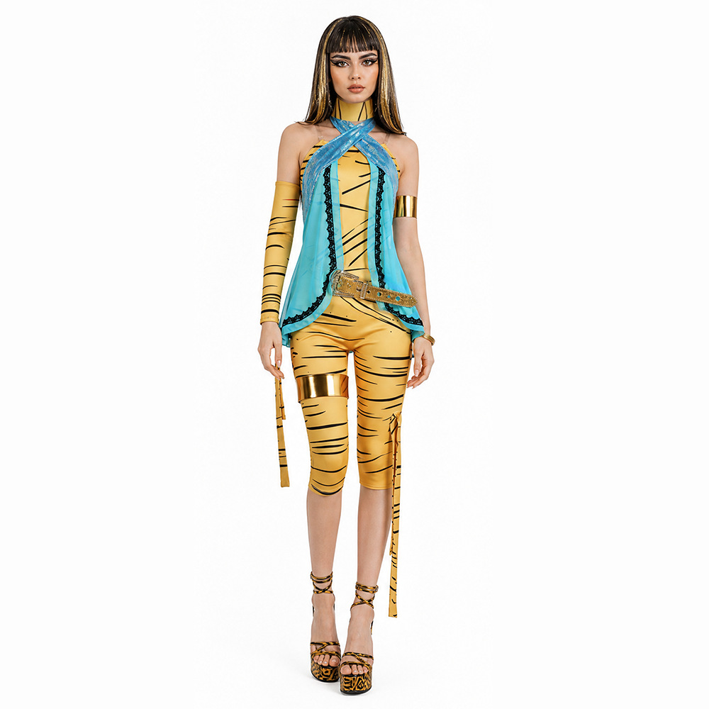 Costume de cosplay Cleo De Nile Anime pour femmes, combinaison sexy, perruque, accessoires, gilet bleu, ceinture, tenue de fête d'Halloween, carnaval