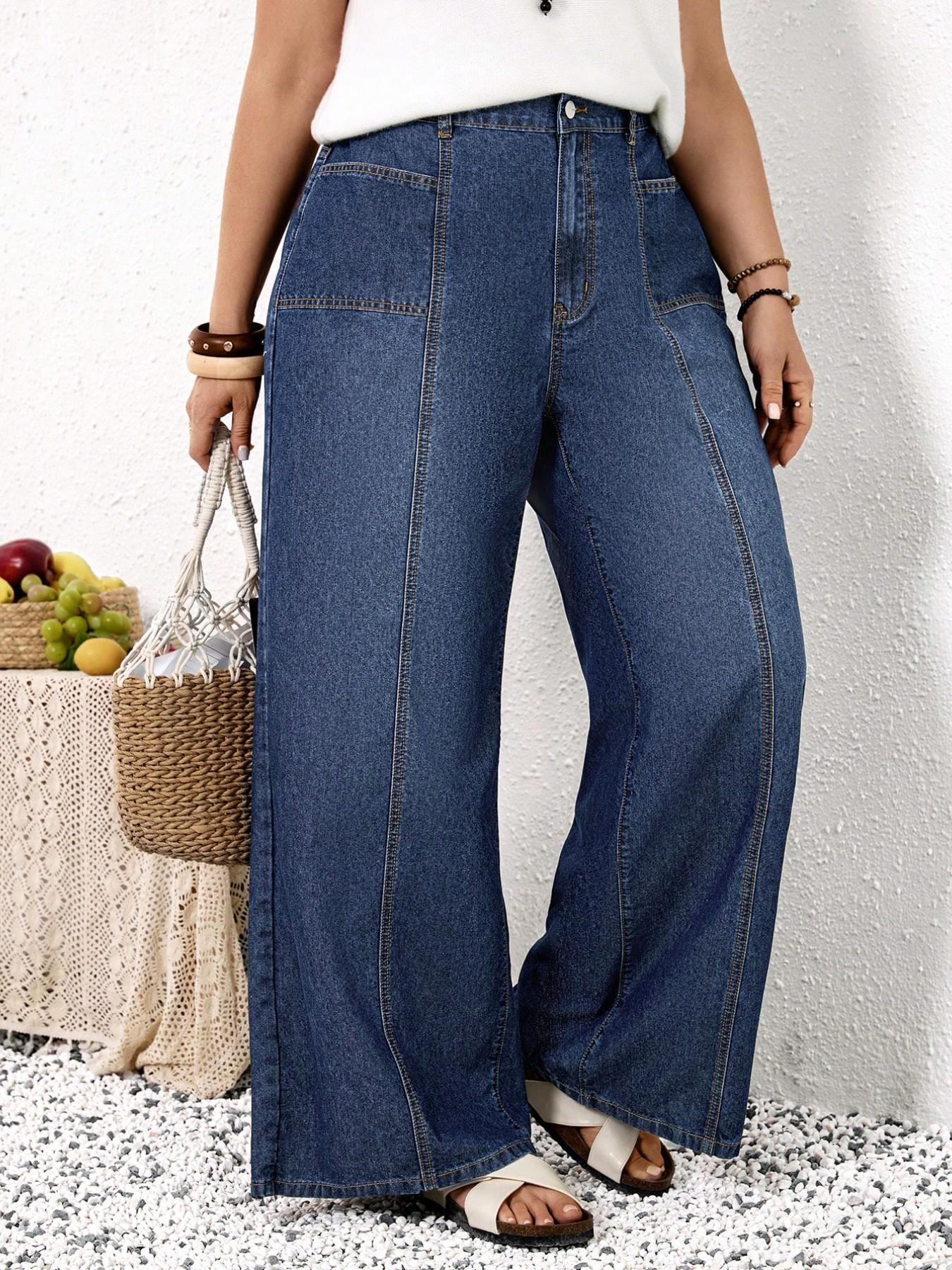 Jeans à jambes larges pour femmes, taille haute, design patchwork, coupe ample, denim confortable et élégant