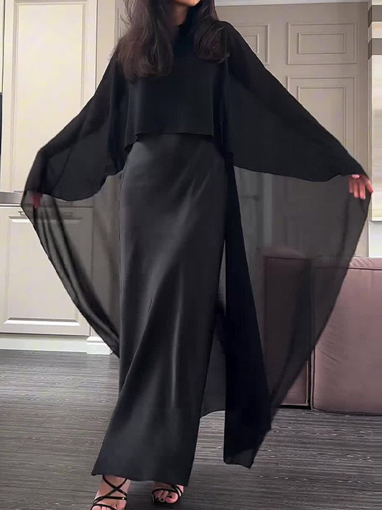 Robe Maxi en Satin pour femmes, grande taille, avec Cape en mousseline de soie, ample, élégante, sans manches, robe formelle, tenue de Festival décontractée, été