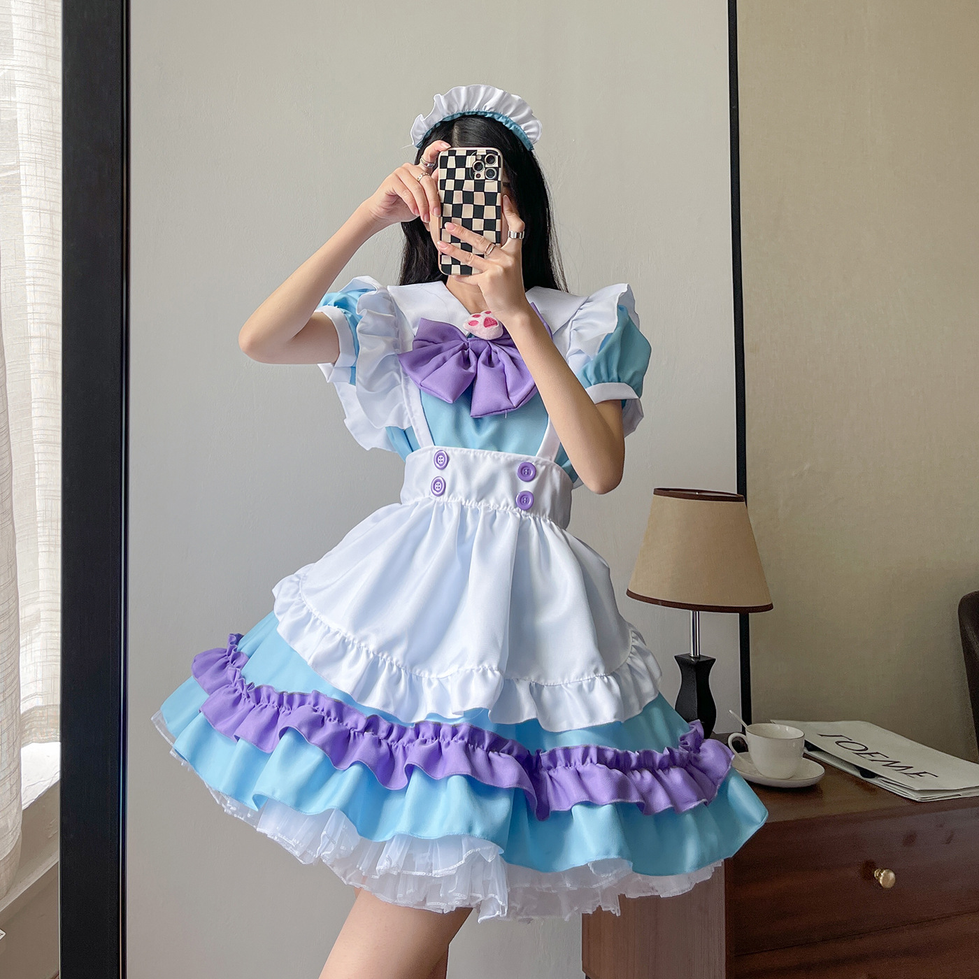 Robe longue rose pour femmes, tenue de demoiselle d'honneur Anime, tablier noir et blanc, Lolita, Kawaii, Costume de café pour hommes, Cosplay, Goth