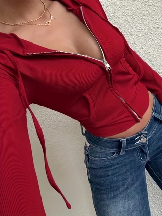 Veste à cordon sexy, tendance, élégante et originale pour femmes avec des fermetures éclair rouges
