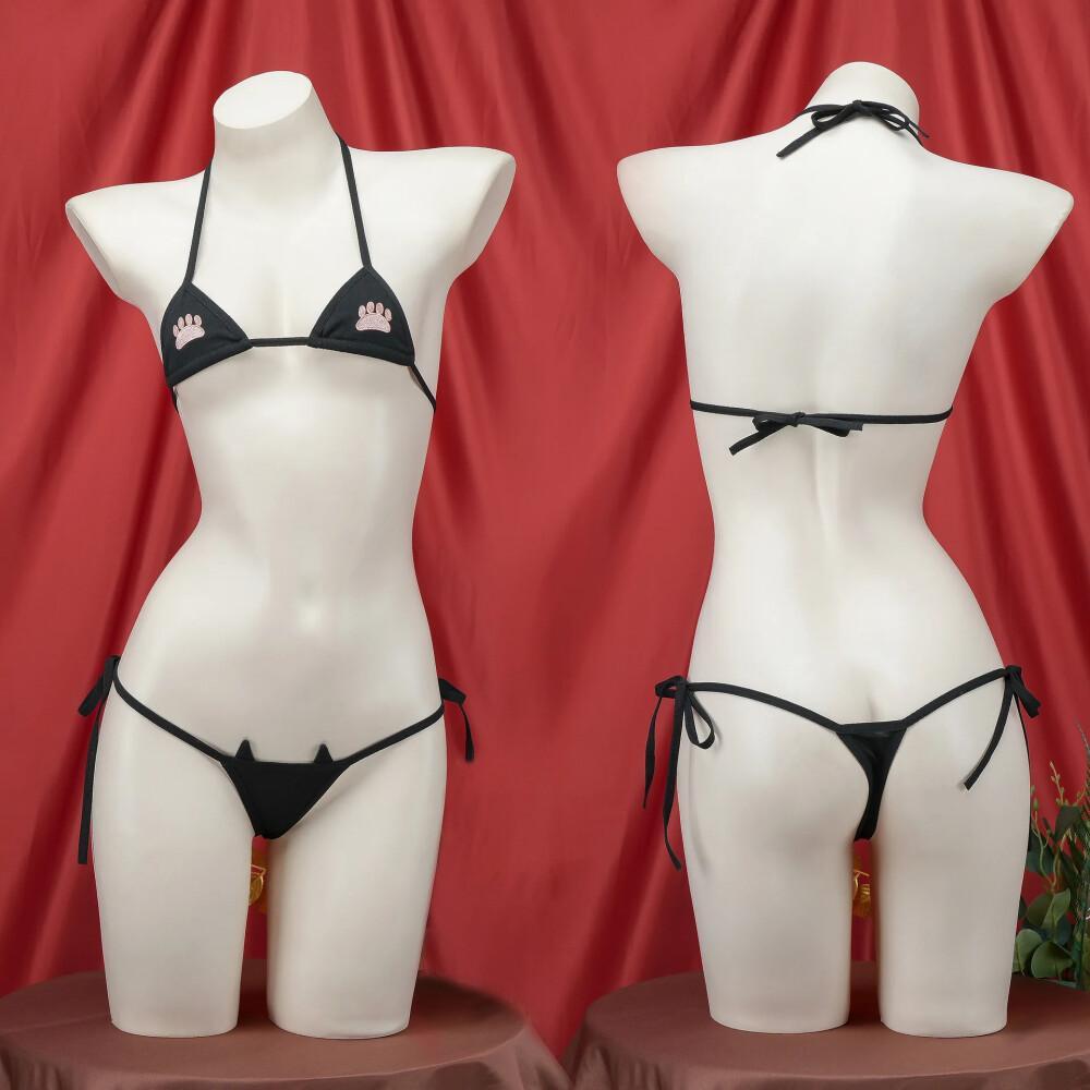 Ensemble bikini imprimé patte de chat Kawaii japonais pour femme, soutien-gorge trois points et culotte, mini maillot de bain