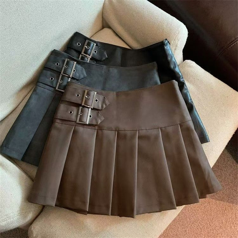 S-3XL Y2K Pu cuir Mini jupes femmes Streetwear taille haute jupe plissée Vintage coréen noir mince décontracté une ligne jupes
