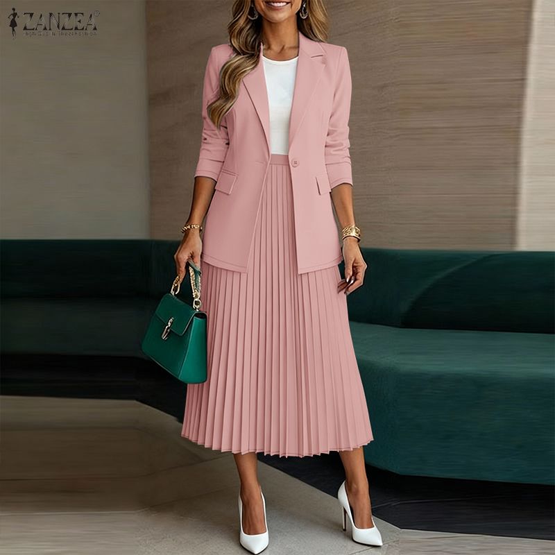 Ensemble de jupe et blazer élégant pour femme, tenue de bureau, blazer à manches longues et jupe plissée trapèze, ensemble 2 pièces, tenue de jupe ZANZEA tendance