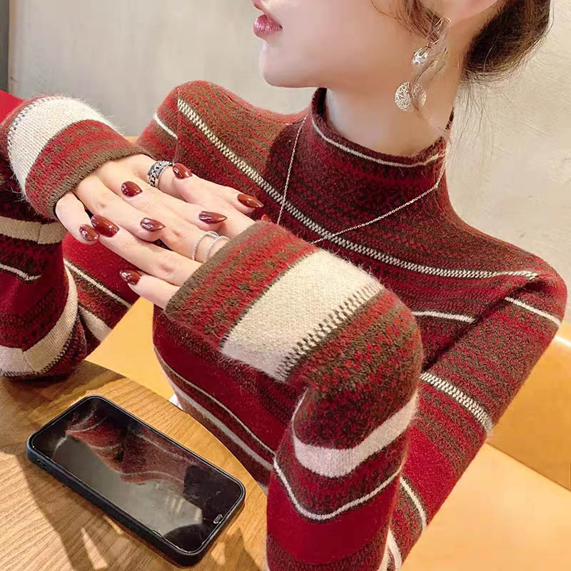 Pull en tricot rayé à col mi-haut pour femmes, pulls minces, pulls chics élégants, tout match, mode vintage, vêtements d'automne et d'hiver