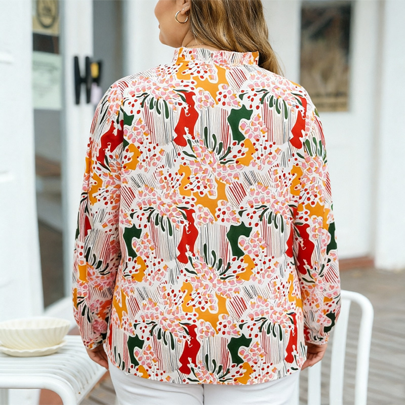 Chemise pour femmes grandes tailles, imprimé floral abstrait, col en V, haut à manches longues à volants, coupe ample, convient à un usage quotidien