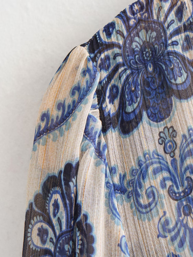 Robe Maxi à Imprimé Floral Bleu pour Femme, Manches sulf, Col en V Profond, Printemps Été, Boho, Plage, Éducatif
