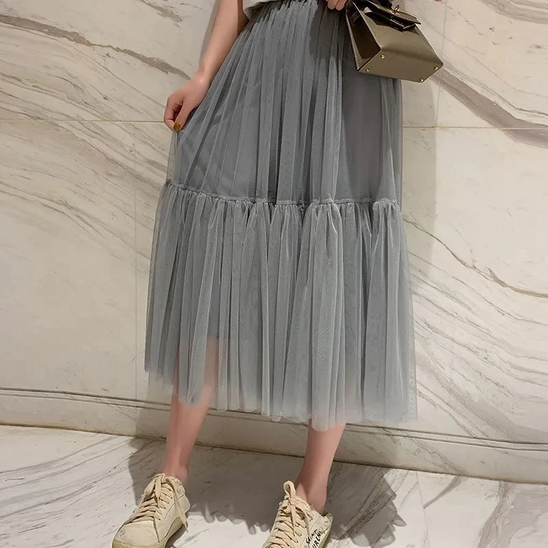 Vintage gothique noir blanc plissé longue Tulle Jupe Tutu Femme taille haute vacances piste maille jupes femmes 2024 Jupe décontracté