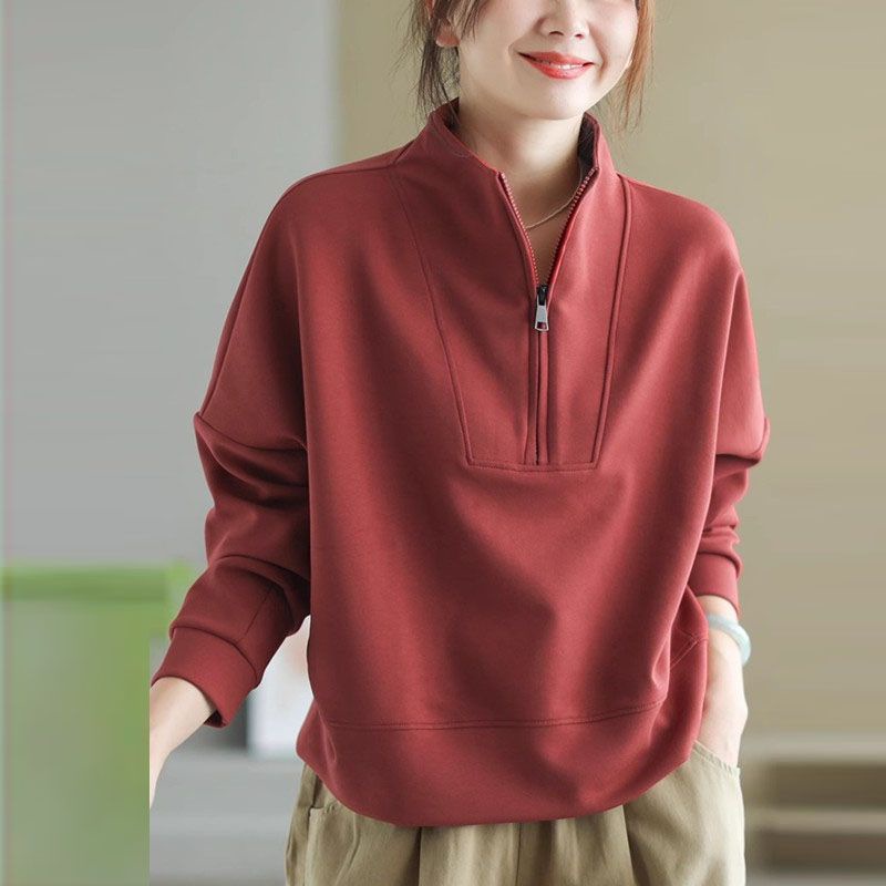 Sweat-shirt à col montant et demi-zip pour femme, couleur unie, doux, à manches longues, pull décontracté et confortable pour femme, collection printemps