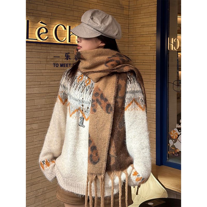 ELFSACK Y2K Écharpe à franges double face avec motif cœur léopard pour femme