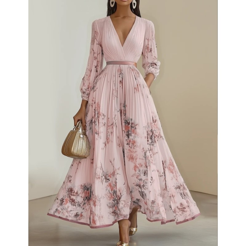 Robes longues plissées à imprimé floral pour femmes, style bohème, sexy, col en V profond, manches longues, drapées, décontractées, pour les vacances et les fêtes