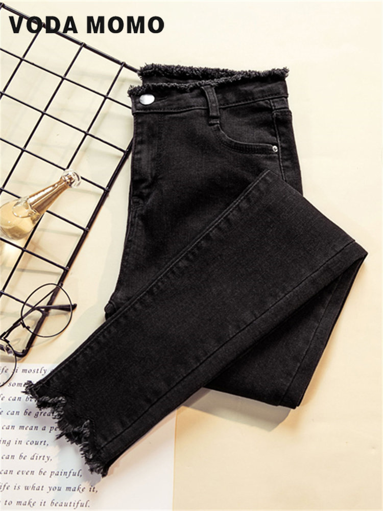 Jean en denim noir pour femmes, pantalon moulant, bas de commande