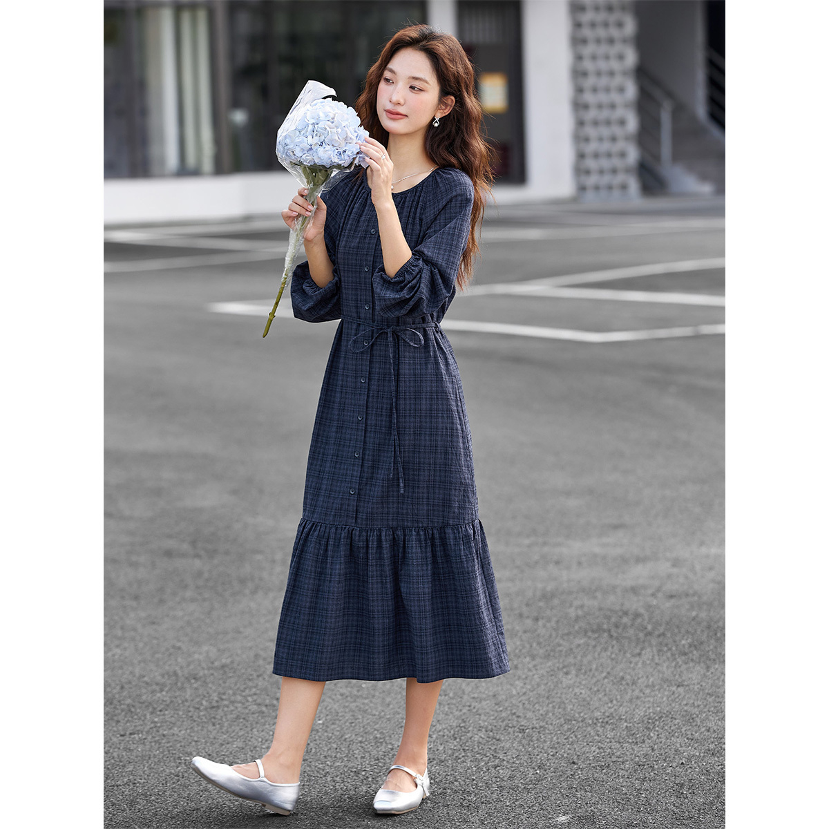 Robe à carreaux col rond VIMLY pour femme, collection automne 2026, décontractée, coupe trapèze ample, élégante, à manches longues avec ceinture, vêtement féminin A2807