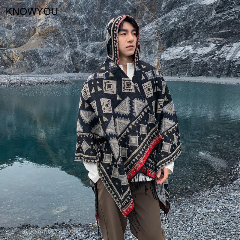 Pashmina Réversible en Cachemire pour Homme, Veste à Capuche avec Pompon, Chaud, Polyvalent, Triangle Everak