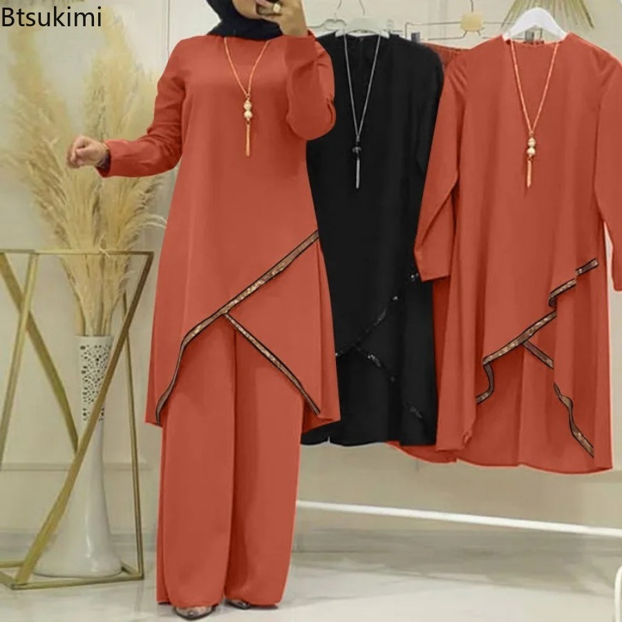 Ensembles de pantalons larges pour femmes musulmanes, mode, sequins, vêtements islamiques, ensembles assortis amples, survêtement, chemisier à manches longues, ensembles Abaya
