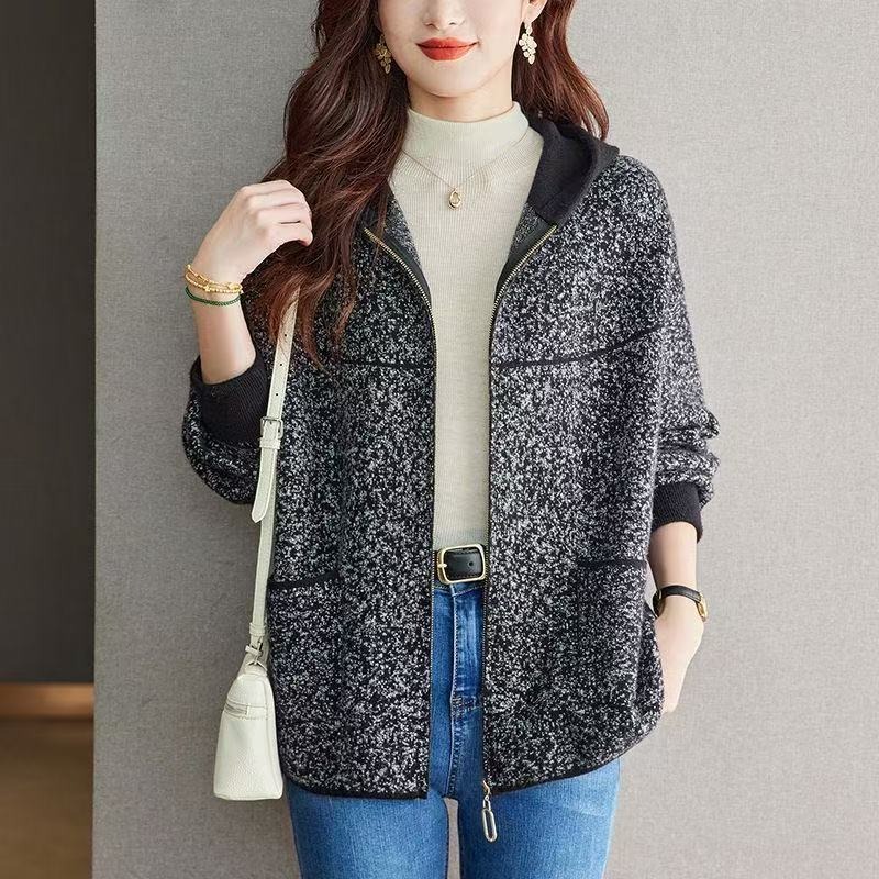 Manteau en Laine Tendance Automne Hiver pour Femme, Nouvelle Veste Décontractée à Capuche Zippée pour Mère d'Âge Moyen, Vêtement d'Extérieur
