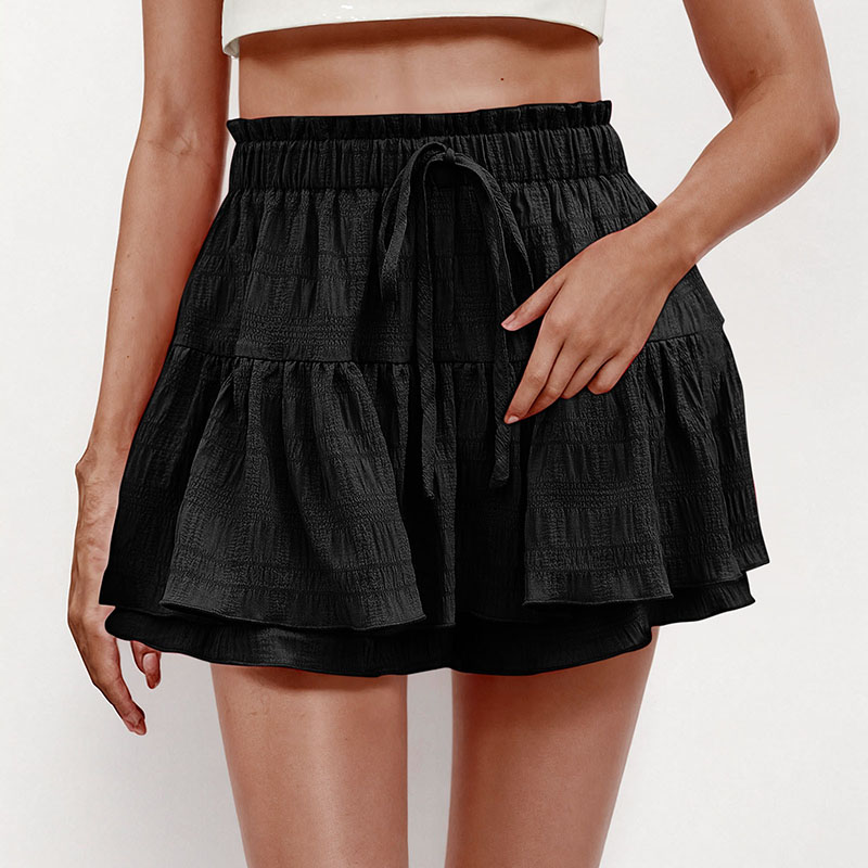 Jupe-short décontractée pour femme, mode estivale, à volants, couleur unie, avec cordon de serrage et doublure
