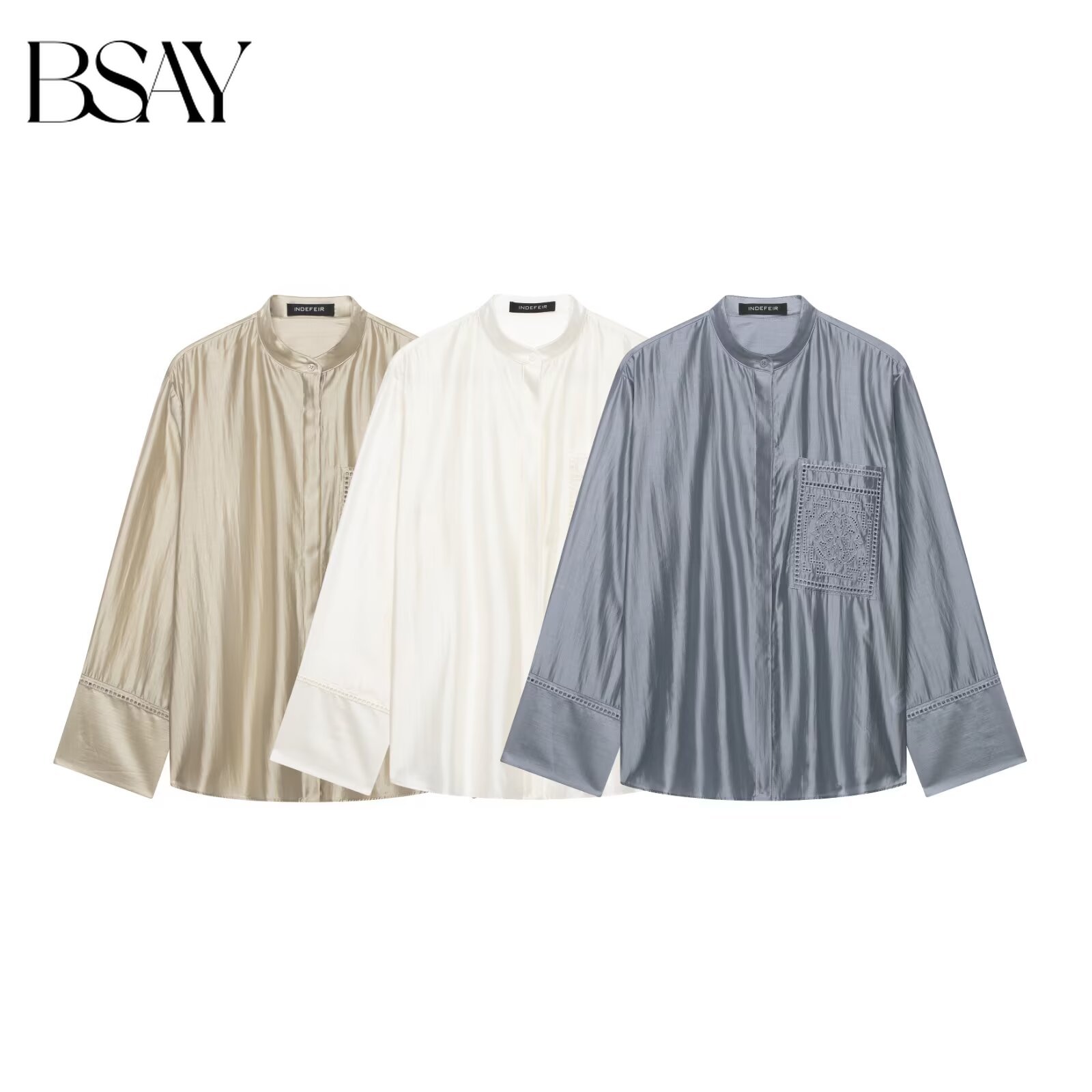 Chemisier élégant texturé BSAY pour femme, col mandarin, patte de boutonnage entièrement ouverte, broderie, poche, manches longues, coupe ample, chemise de bureau