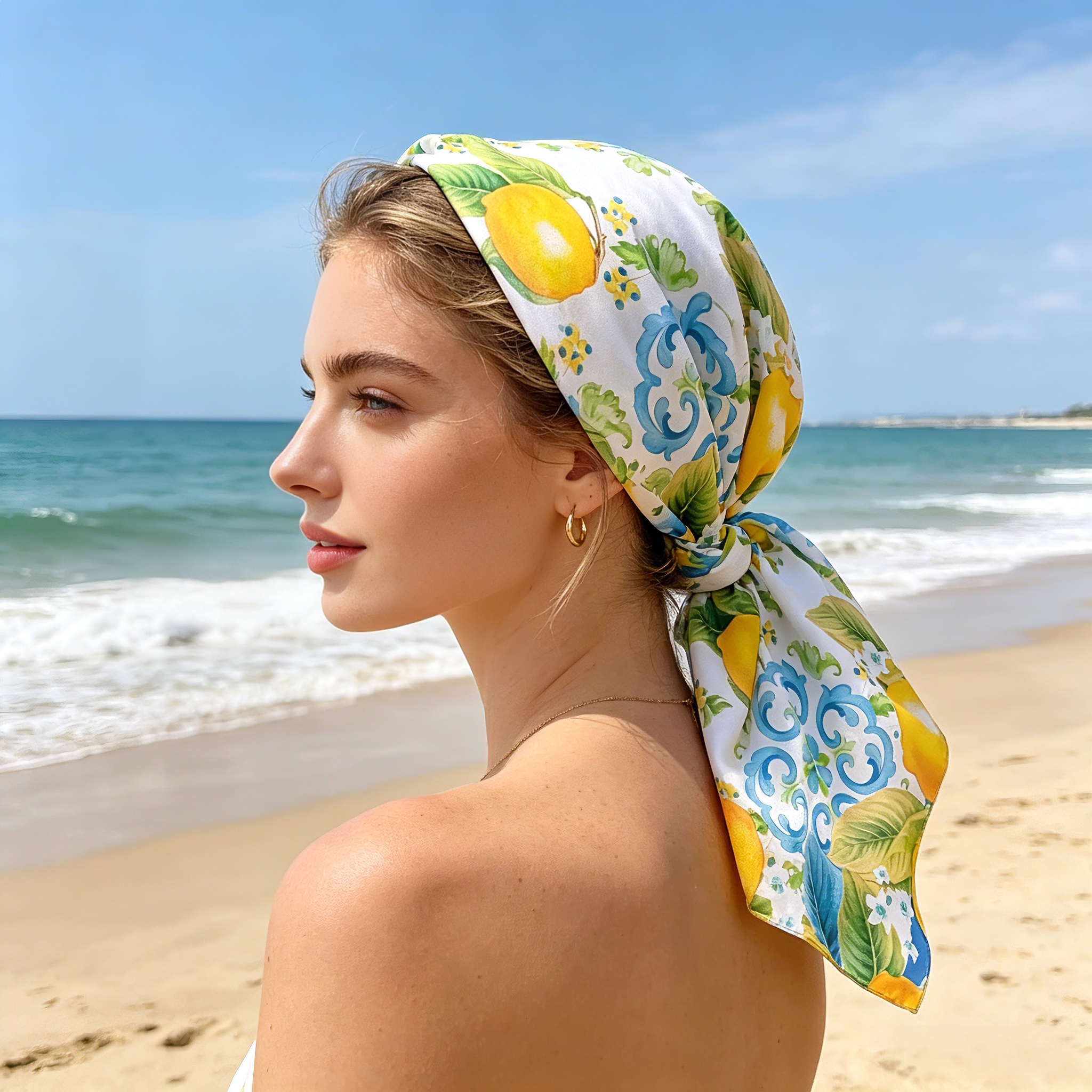 Nouveau Foulard Carré Imprimé Citron 2026 en Satin Doux Imitation Soie pour Femme – Bandana, Hijab, Écharpe Élégante, Châle