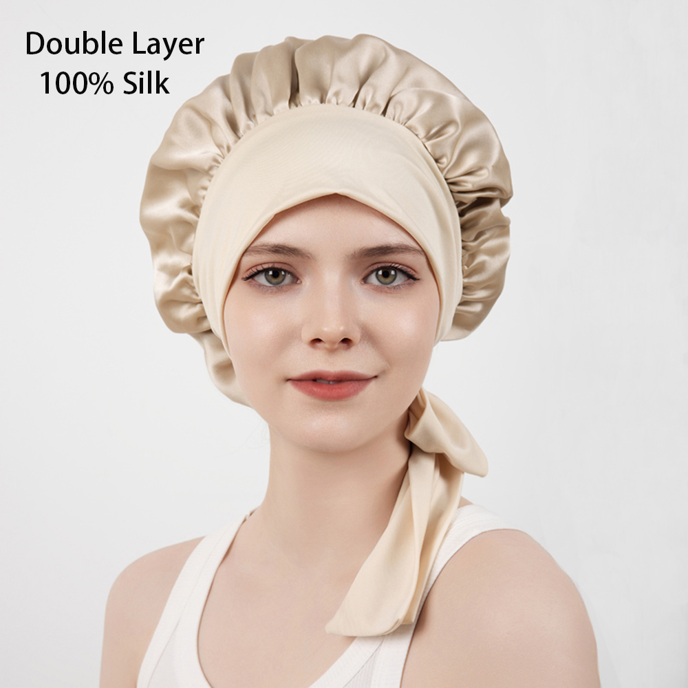 Bonnet de couchage Double couche en soie de mûrier pour femmes, grand bonnet de nuit avec large bande élastique à nouer, 100%