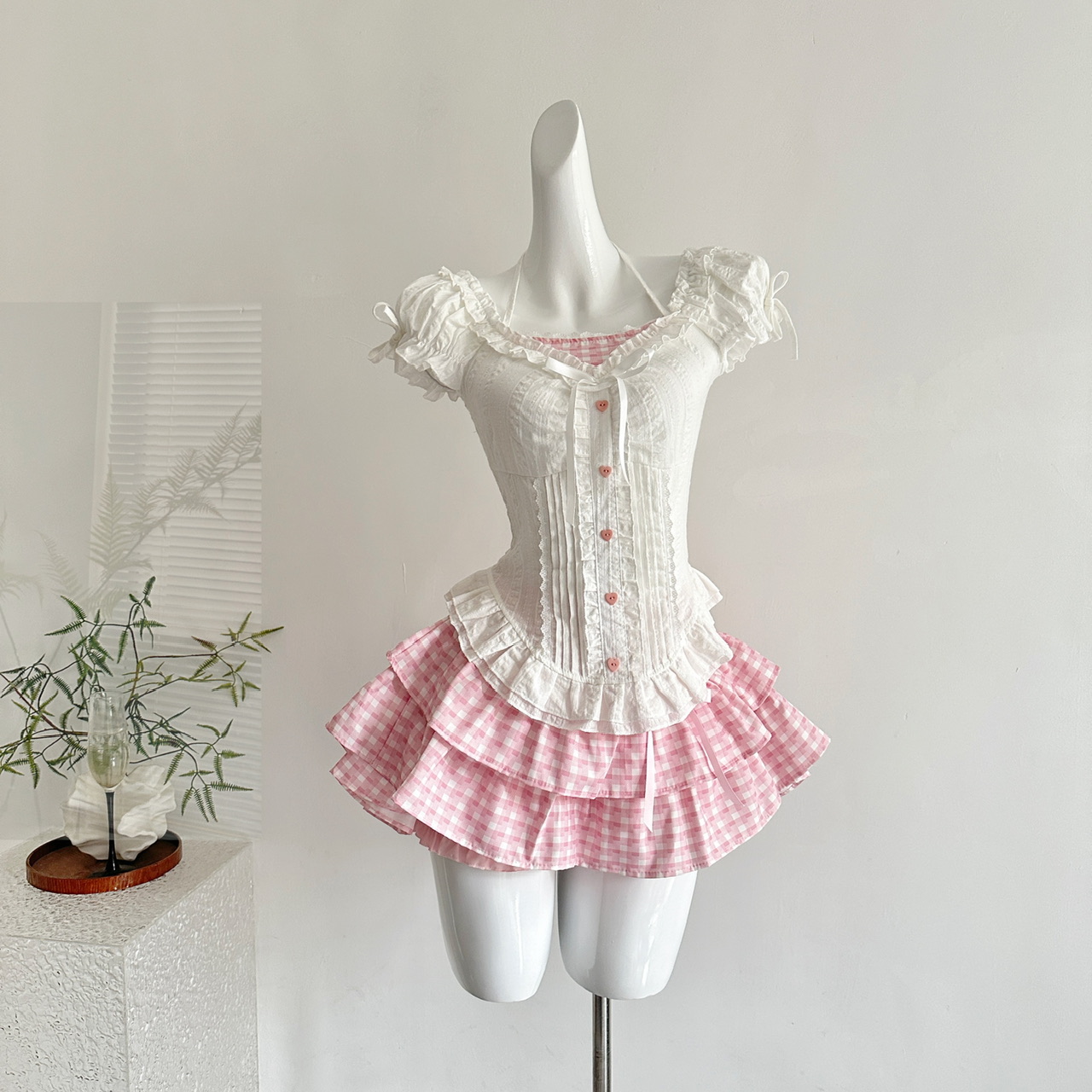 Ensemble 2 pièces japonais Kawaii Lolita élégant pour femmes, Mini jupe rose Y2k avec nœud, costume de princesse douce Chic, tenues d'été