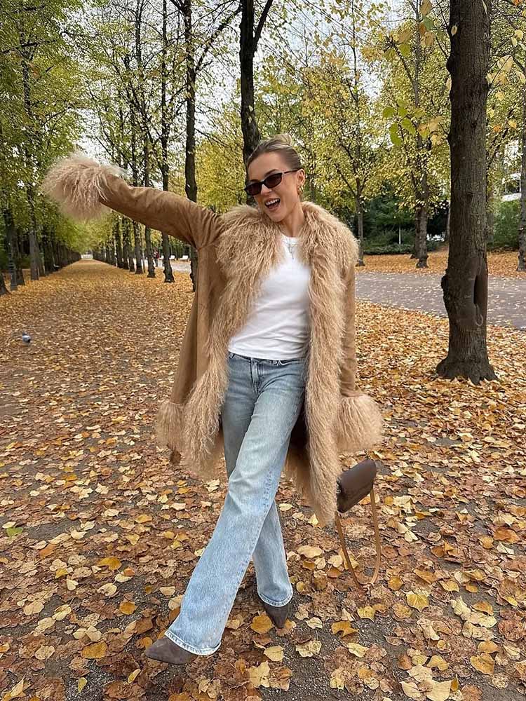 HH femme décontracté manches longues pardessus femme début du printemps tendance mode daim fourrure épissage Shaggy décoration manteau de longueur moyenne