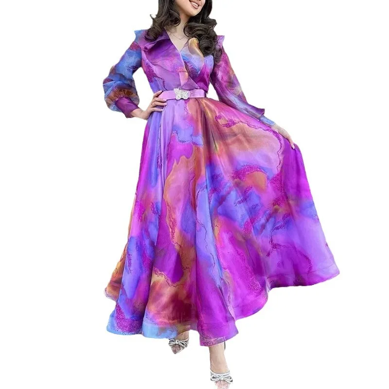 Robe longue imprimée à manches longues pour femmes, ceintures, taille serrée, tempérament féminin, élégante, bureau, dame, éducatif, automne, 2024