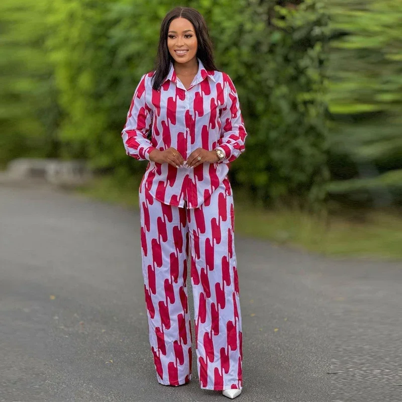 Ensemble deux pièces à rayures pour femmes, chemise boutonnée décontractée, pantalon à jambes larges, manches longues, mode africaine, printemps, automne