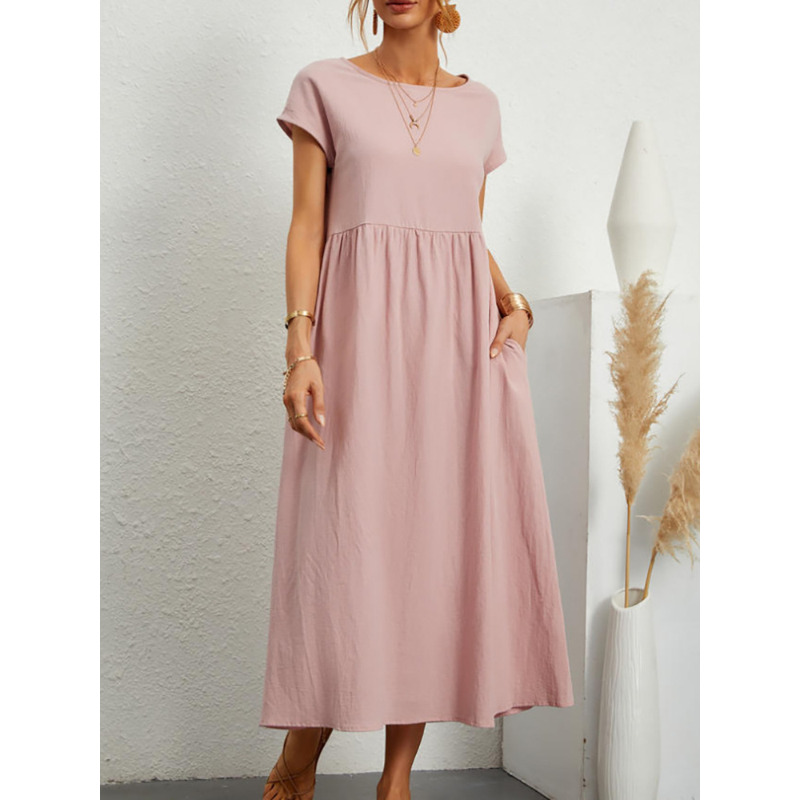 Robes pour femmes en coton et lin, mi-longues, décontractées, à manches courtes, coupe ample, style A-line, avec poches, couleur unie, robe longue oversize