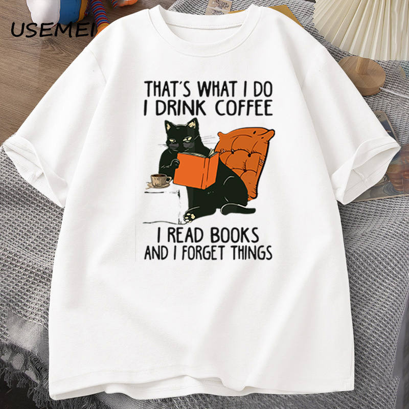 T-shirt chat mignon pour femmes et hommes, Économie College de café de nettoyage, coton de créateur drôle, vêtements masculins confortables