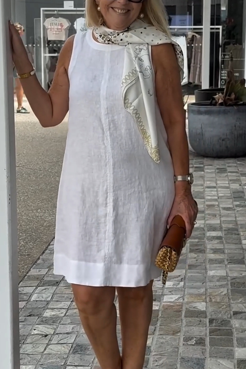 Femmes confortable coton lin couleur unie robes élégant col rond robe été décontracté banlieue taille haute sans manches robe 2025