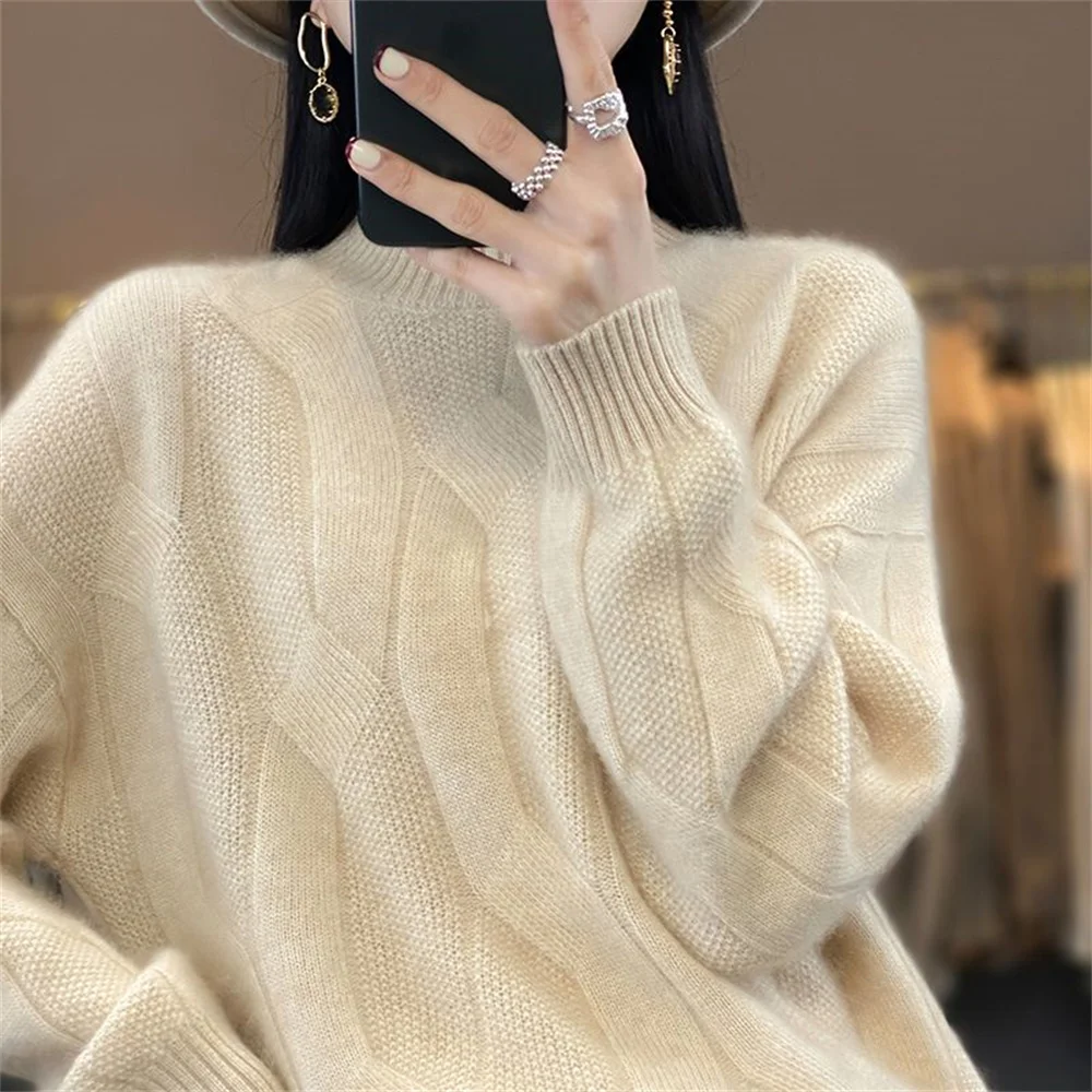 Pull en laine à col mi-haut pour femme, pull en cachemire monochrome, manches longues douces, vêtements à la mode, automne et hiver