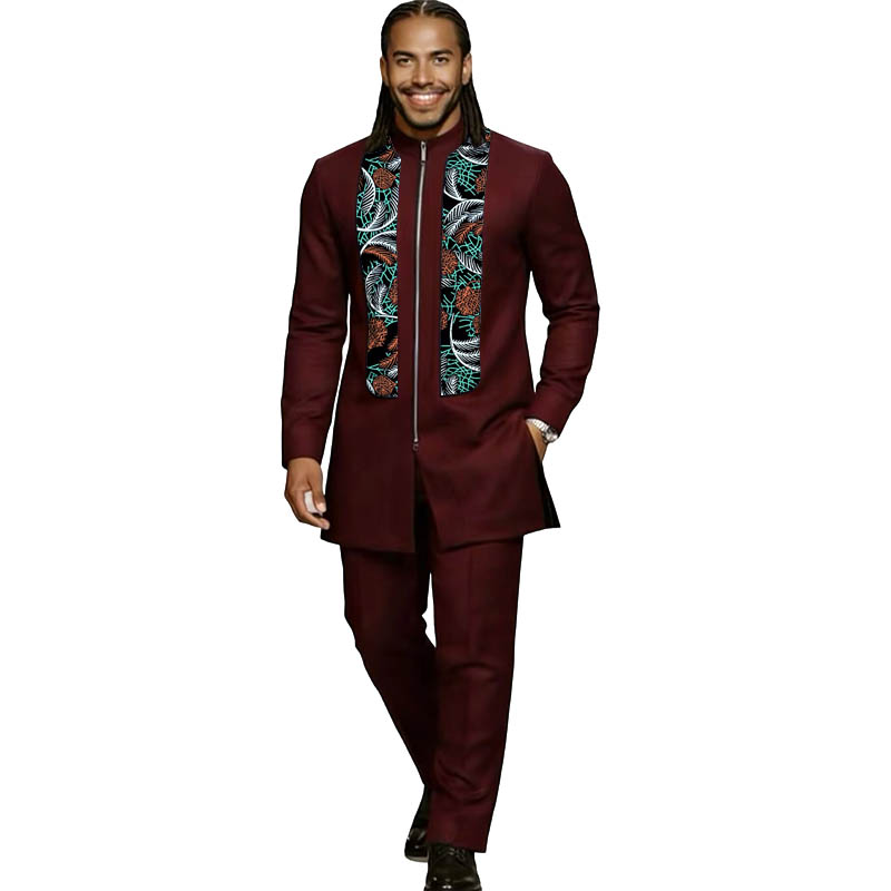 Costume bordeaux élastique pour homme, ensemble de couture africaine, haut à manches longues avec pantalon, costume de scène de mode nigériane