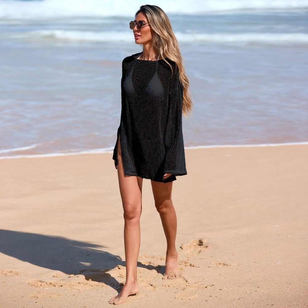 Robe de plage transparente pour femme, en maille texturée, légère, style bohème, cache-maillot de bain, tenue de plage