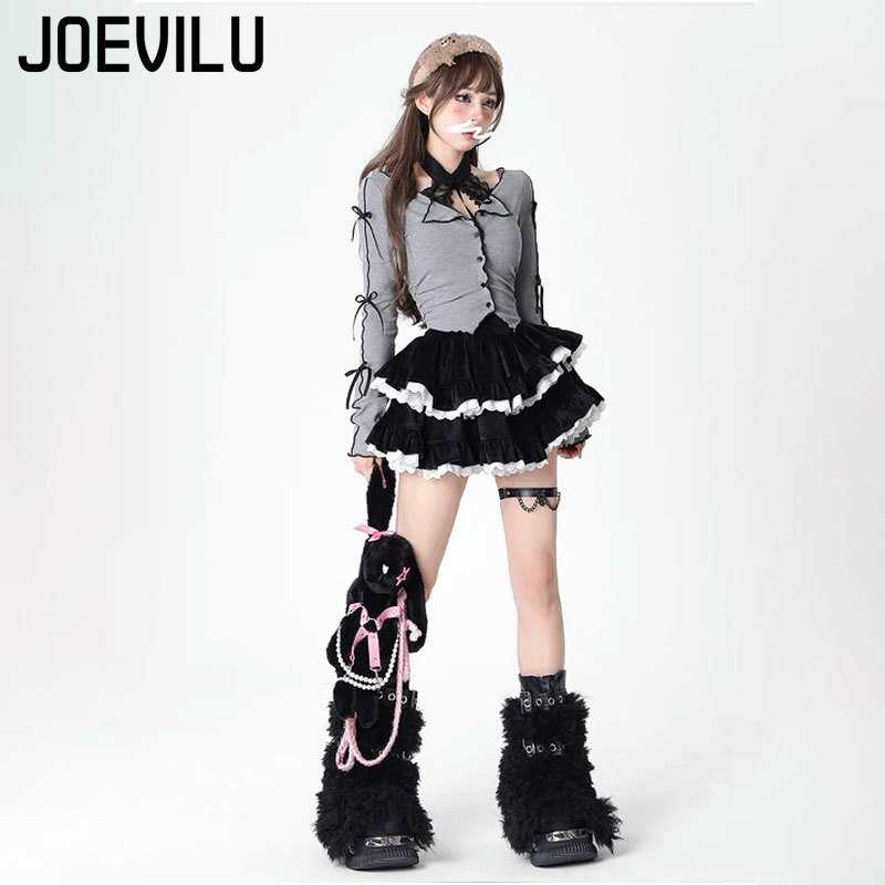 Gothic Skirt Set Bow Tie Tied Top Ballet Style Skirt 2 Piece Sets Lace Corduroy Mini Cake Layered Skirt Women Outfits Y2k Suit