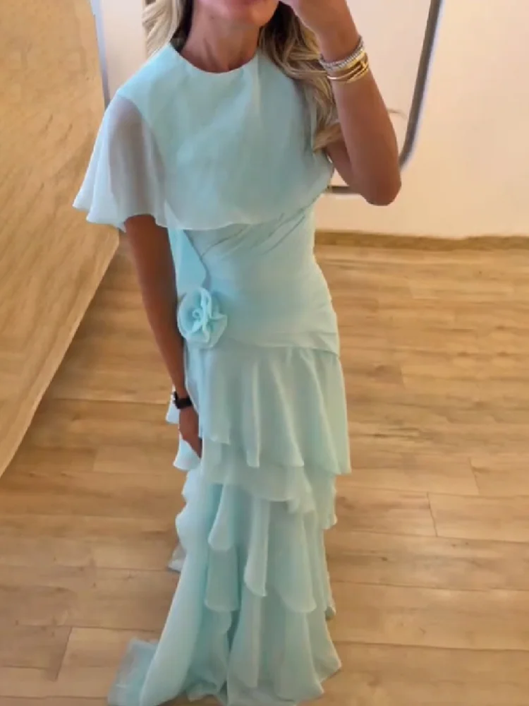 Robe de soirée élégante en mousseline pour femme, avec manches cape chic, jupe à volants étagés, fleurs 3D à la taille, Vestidos 2026, robe de soirée formelle