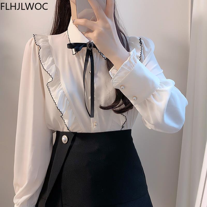Femmes volants mignon nœud papillon hauts Style Preppy Vintage japonais corée Design bouton élégant formel chemises blanches Blouses