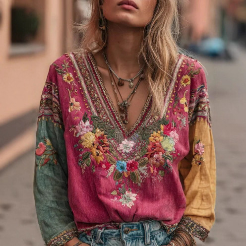 Chemise décontractée à col en V imprimée pour femmes, chemises à manches longues, hauts à la mode, style bohème, vintage, vêtements de printemps pour femmes