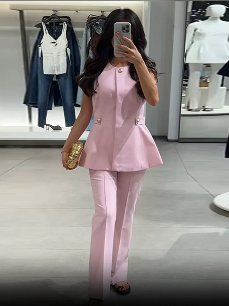 Femmes taille fermée gilet pantalon costumes sans manches col rond solide dame ensembles 2025 été automne mode 2 pièces ensemble femmes tenues
