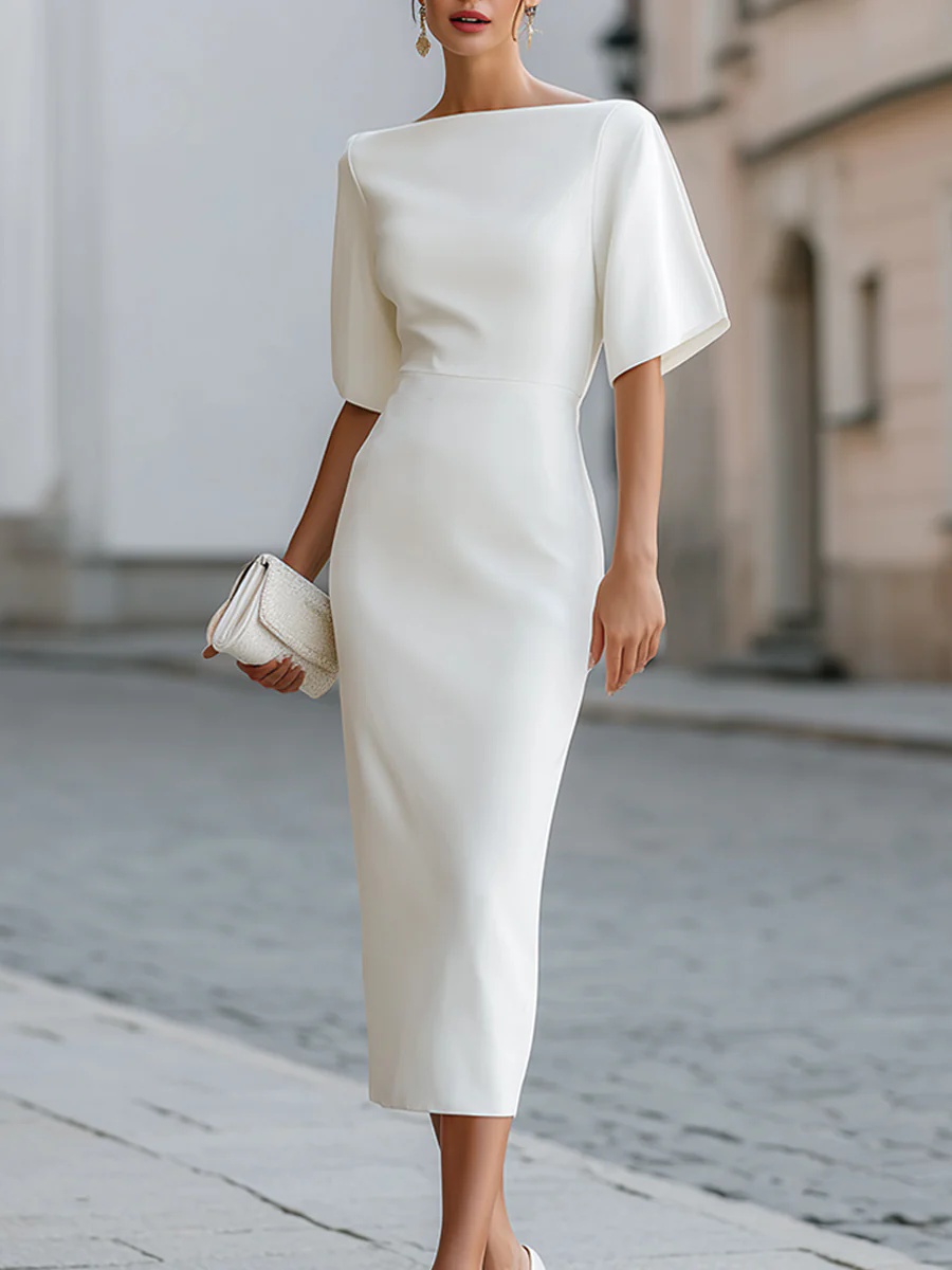 Robe de soirée élégante à col bateau et manches mi-longues, taille ajustée, longueur midi
