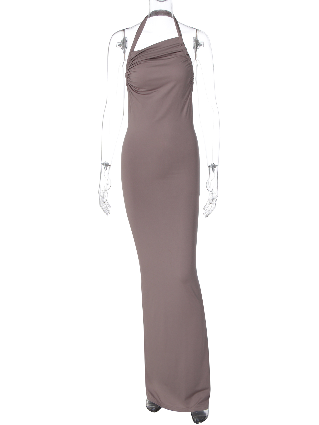 Robe longue moulante unie et élégante pour femme Dulzura, dos nu, froncée, style licou, sexy, pour soirée, bal, rendez-vous, tenue d'été