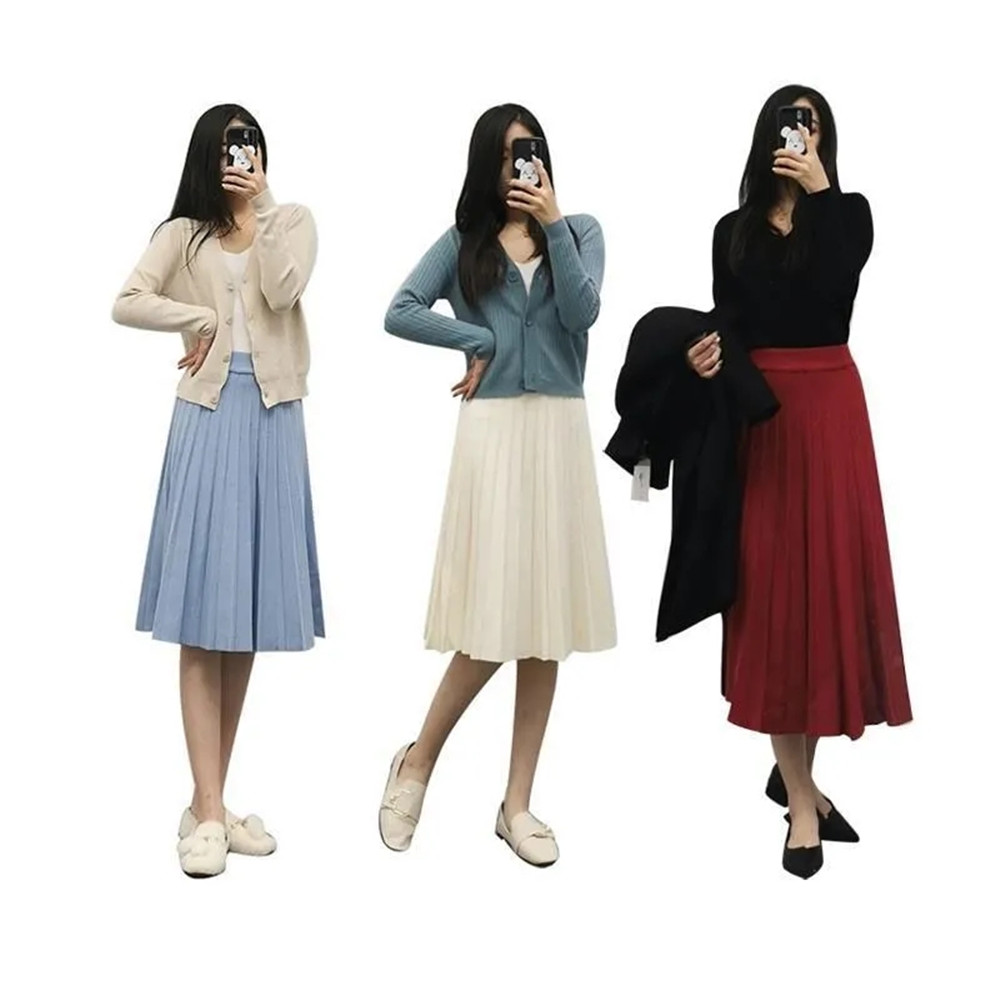 Femmes tricoté Jupe Midi élégant noir a-ligne taille haute plissée Jupe longue coréenne 2021 printemps automne hiver Faldas Femme Jupes