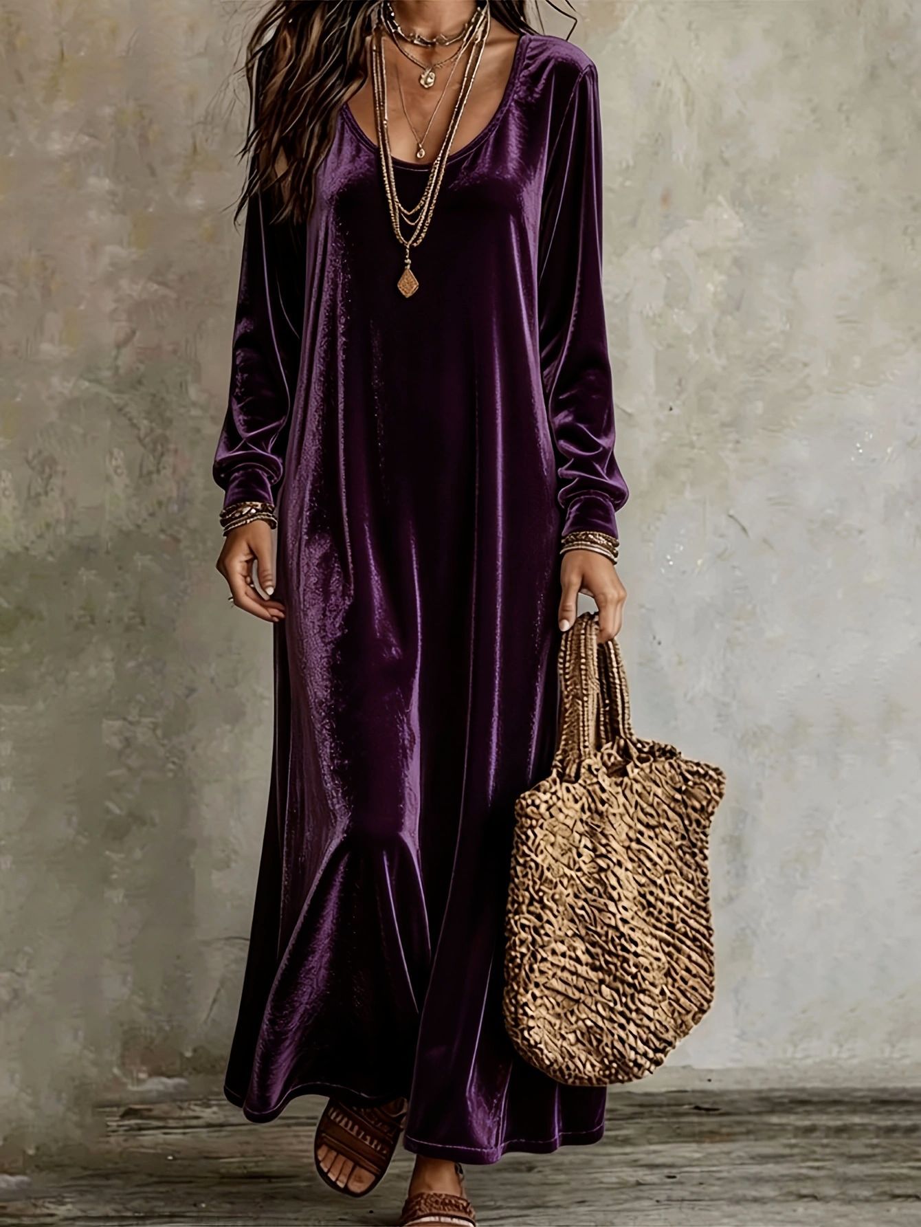 Robe en velours pour femmes, élégante robe maxi à manches longues.