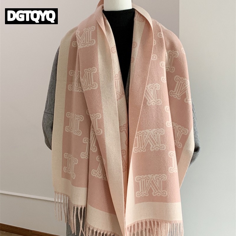 Écharpe douce et chaude Double face pour femme, châle thermique d'hiver, polyvalent et élégant, en Fiber de Polyester, avec lettres de luxe