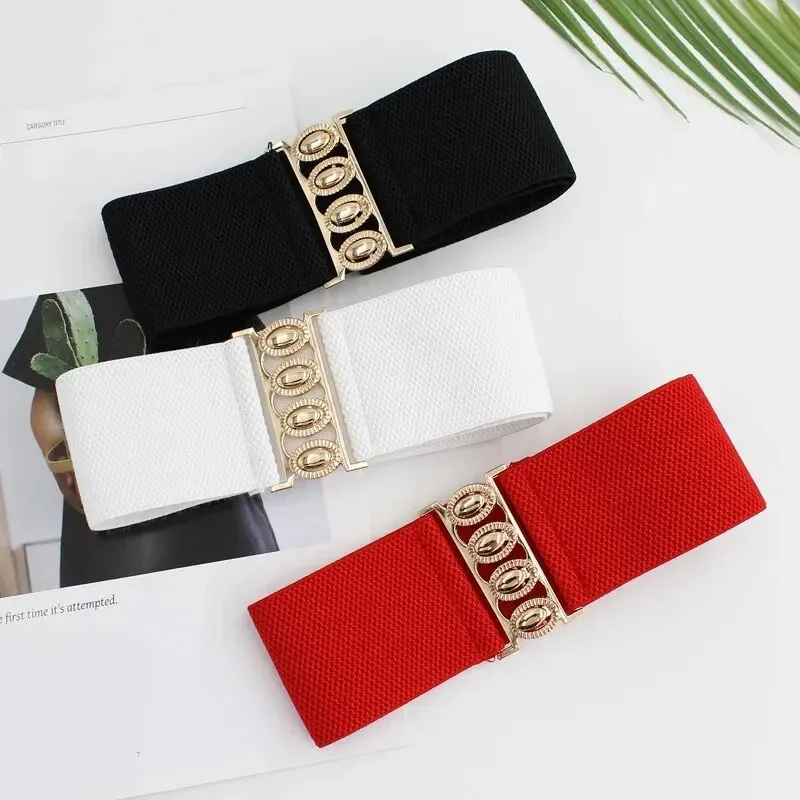 Ceinture élastique pour femmes, couverture de taille, boucle dorée, fermeture de taille élastique, large ceinture polyvalente associée à une robe manteau, ceintures pour dames