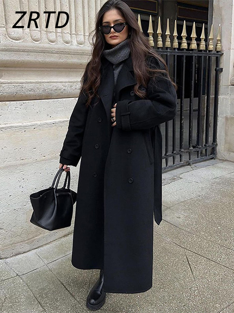Manteau long en laine pour femme avec ceinture, col à revers ample, double boutonnage, manches longues, collection automne-hiver 2026, style trench-coat pour femme