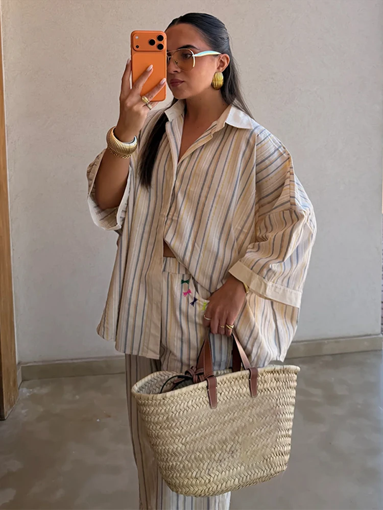 Ensemble chemise et pantalon à rayures, col rabattu, manches trois quarts, chemisier et pantalon large, tenue décontractée chic pour femme 2026