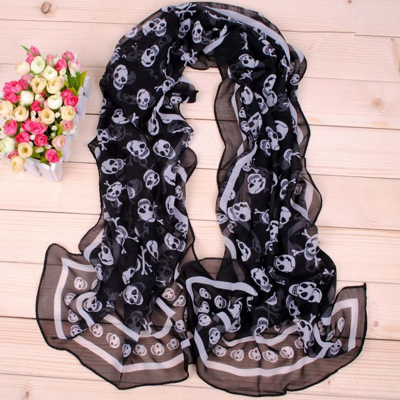 Foulard en Chiffon Georgette Imprimé Crâne pour Femme 150*50cm, Écharpe Bandana Élégante, Longue Étole, Hijab, Protection Solaire Estivale, Foulards de Plage