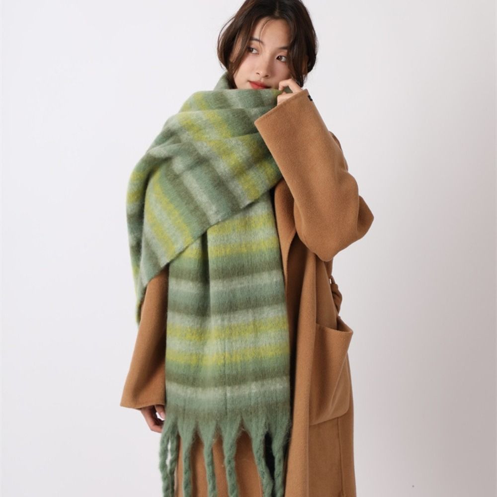 Écharpe rétro en laine à carreaux Mohair, avec pompon épais, en cachemire, couleur unie, en peluche, Long châle pour étudiant, hiver