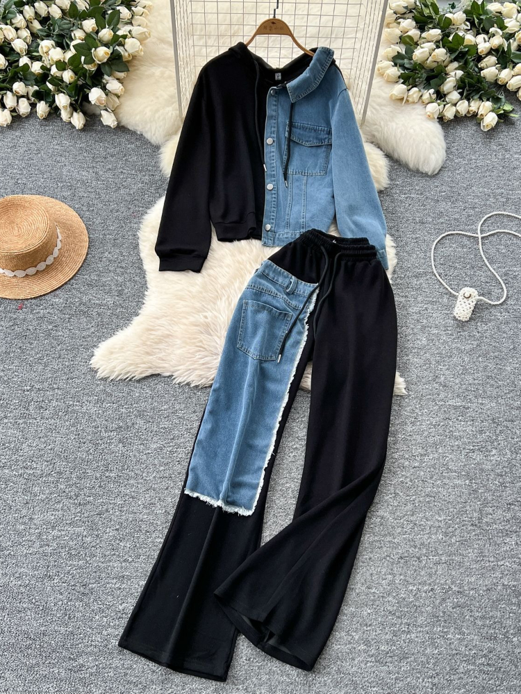 Ensemble pantalon femmes deux pièces ensembles à capuche ensembles assortis décontracté hauts amples jambe large pantalons longs taille élastique à lacets épissure Denim 2025